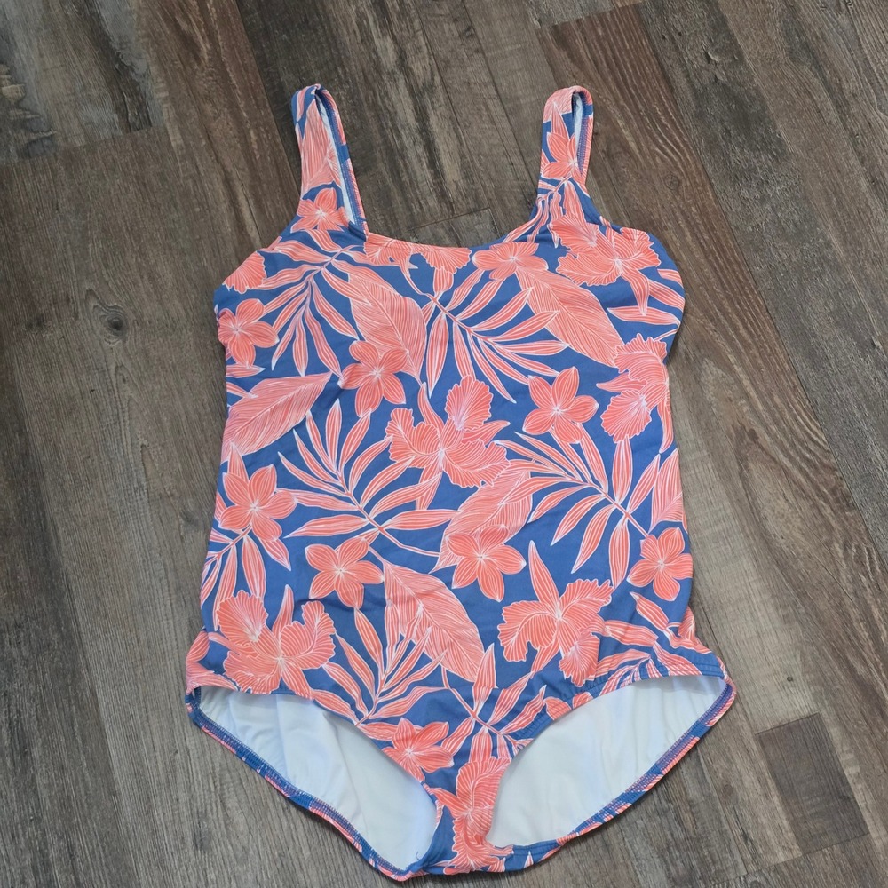 Lands' End Tropical Floral One Piece Swimsuit Womens 18 Blue Coral 511556 Scoop